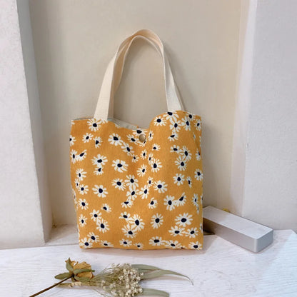 Retro Chic Literature Corduroy Tote Bag: Floral Print