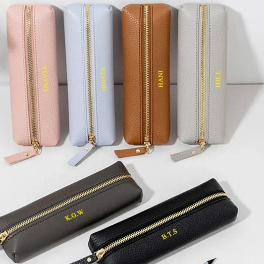 Personalized Leather Pencil Case with Zip - Custom Name & Initials