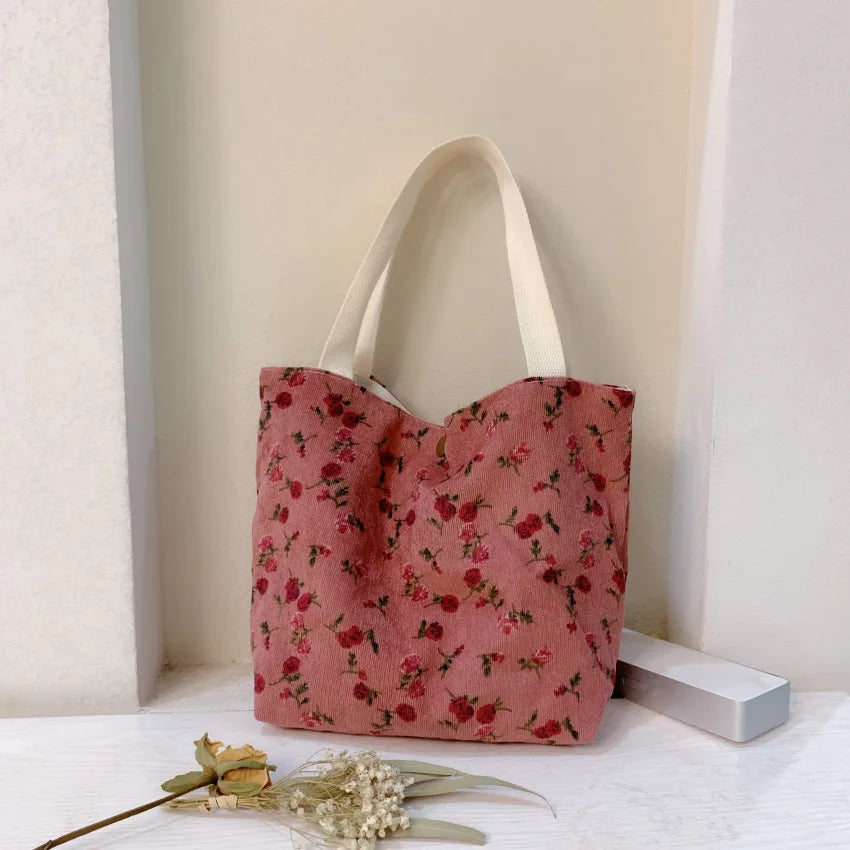 Retro Chic Literature Corduroy Tote Bag: Floral Print